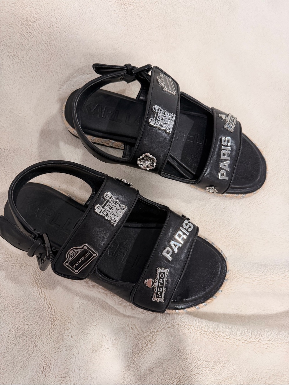 Karl Lagerfeld Black Paris Logo Strap Sandals with Metal Charms